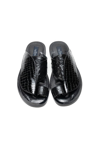 Corrente 5831 Embossed Leather & Ostrich Sandal - Black-AmbrogioShoes