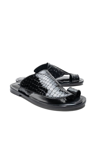 Corrente 5831 Embossed Leather & Ostrich Sandal - Black-AmbrogioShoes