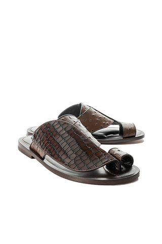 Corrente 5831 Embossed Leather & Ostrich Sandal - Brown-AmbrogioShoes