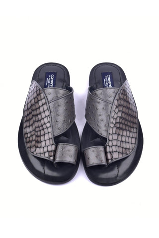 Corrente 5831 Embossed Leather & Ostrich Sandal - Gray-AmbrogioShoes