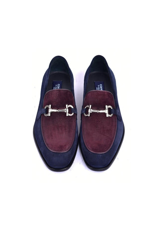Corrente 6376S Suede Horse-Bit Loafer - Navy & Burgundy-AmbrogioShoes