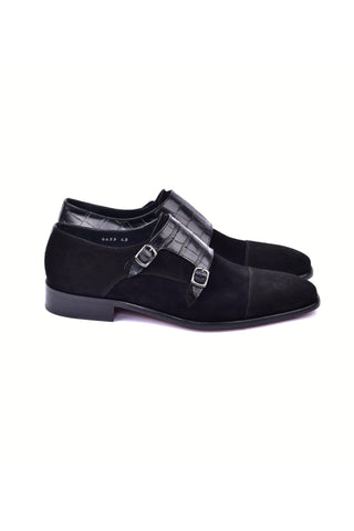 Corrente 6433 Suede & Embossed Leather Double Monk-Strap - Black-AmbrogioShoes