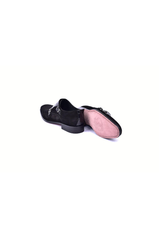 Corrente 6433 Suede & Embossed Leather Double Monk-Strap - Black-AmbrogioShoes