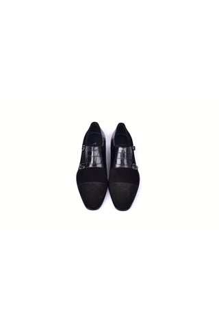 Corrente 6433 Suede & Embossed Leather Double Monk-Strap - Black-AmbrogioShoes