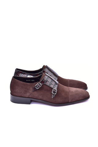 Corrente 6433 Suede & Embossed Leather Double Monk-Strap - Brown-AmbrogioShoes