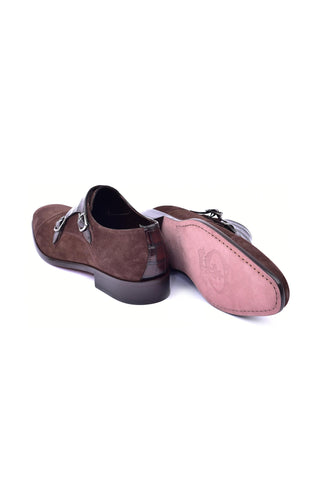 Corrente 6433 Suede & Embossed Leather Double Monk-Strap - Brown-AmbrogioShoes