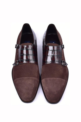 Corrente 6433 Suede & Embossed Leather Double Monk-Strap - Brown-AmbrogioShoes