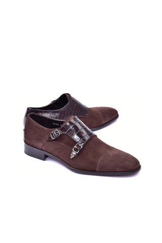 Corrente 6433 Suede & Embossed Leather Double Monk-Strap - Brown-AmbrogioShoes