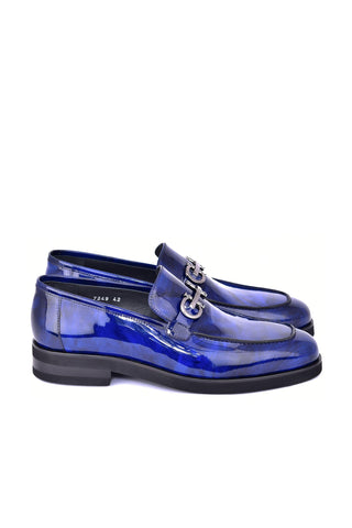 Corrente 7249 Patent Horse-Bit Loafer - Marble Blue-AmbrogioShoes