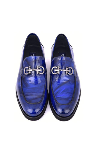 Corrente 7249 Patent Horse-Bit Loafer - Marble Blue-AmbrogioShoes