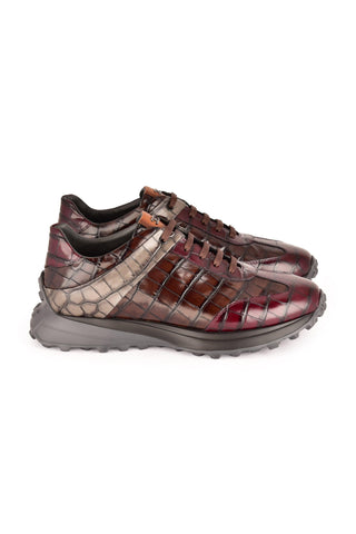 Corrente 7766 Crocodile Print Sneakers - Burgundy, Gray & Brown-AmbrogioShoes
