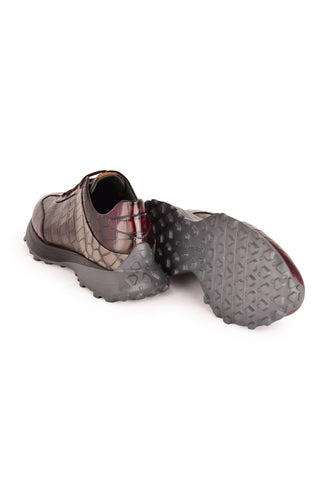 Corrente 7766 Crocodile Print Sneakers - Burgundy, Gray & Brown-AmbrogioShoes
