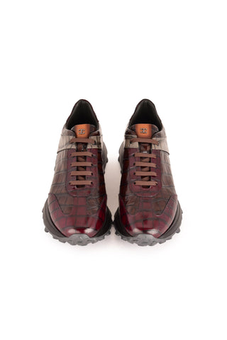 Corrente 7766 Crocodile Print Sneakers - Burgundy, Gray & Brown-AmbrogioShoes