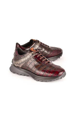 Corrente 7766 Crocodile Print Sneakers - Burgundy, Gray & Brown-AmbrogioShoes