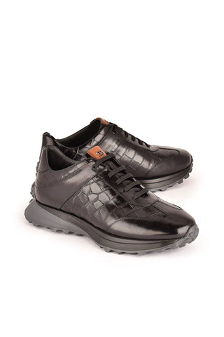 Corrente 7766 Leather Sneaker - Black-AmbrogioShoes