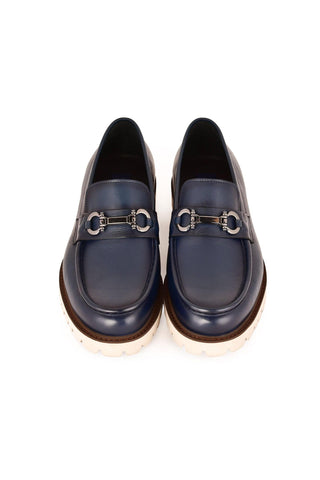 Corrente 7887 Leather Horse-Bit Loafer - Blue-AmbrogioShoes