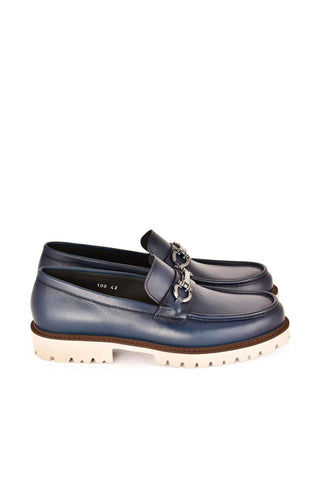 Corrente 7887 Leather Horse-Bit Loafer - Blue-AmbrogioShoes