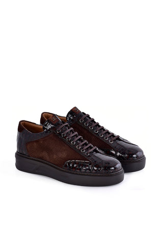 Corrente 8492 Suede & Embossed Leather Sneaker - Brown-AmbrogioShoes
