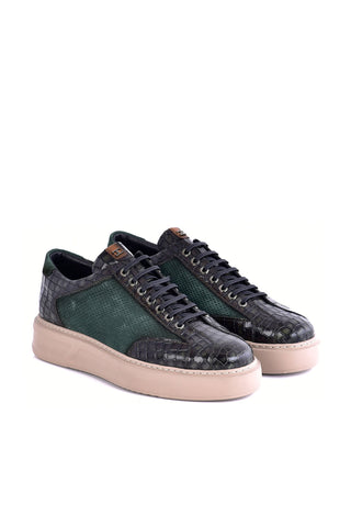Corrente 8492 Suede & Embossed Leather Sneaker - Green-AmbrogioShoes