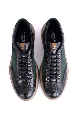 Corrente 8492 Suede & Embossed Leather Sneaker - Green-AmbrogioShoes