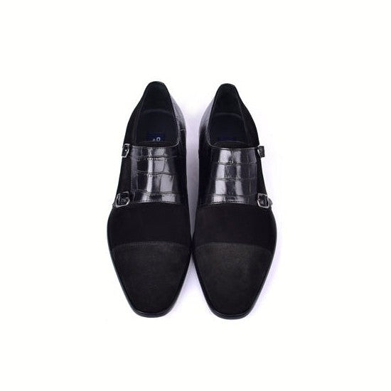 Corrente C00016-6433 Men's Shoes Black Crocodile Print / Suede Leather Double Monk-Straps Loafers (CRT1490)-AmbrogioShoes