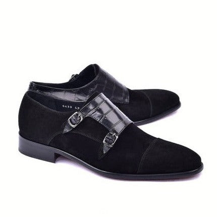 Corrente C00016-6433 Men's Shoes Black Crocodile Print / Suede Leather Double Monk-Straps Loafers (CRT1490)-AmbrogioShoes