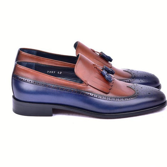 Corrente C00018-7397 Men's Shoes Navy & Brown Calf-Skin Leather Wingtip Kiltie tassels Loafers (CRT1494)-AmbrogioShoes