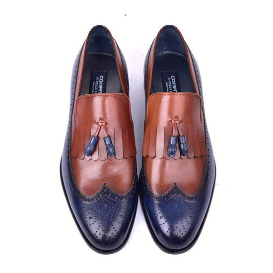 Corrente C00018-7397 Men's Shoes Navy & Brown Calf-Skin Leather Wingtip Kiltie tassels Loafers (CRT1494)-AmbrogioShoes