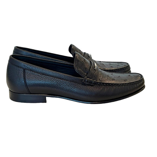 Corrente C0014051-3898Ost Men's Shoes Black Exotic Ostrich / Deer-Skin Moccasin Loafers (CRT1471)-AmbrogioShoes