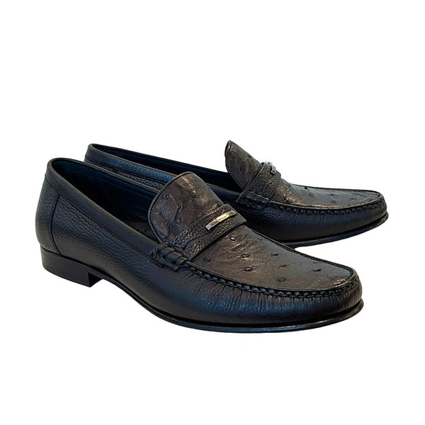 Corrente C0014051-3898Ost Men's Shoes Black Exotic Ostrich / Deer-Skin Moccasin Loafers (CRT1471)-AmbrogioShoes