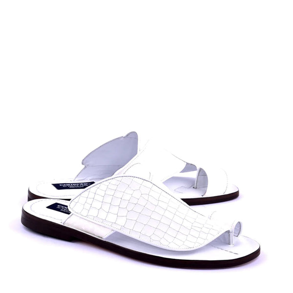 Corrente C0052 5830 Men's Shoes White Croco Print Ostrich Leather Sole Sandal (CRT1327)-AmbrogioShoes