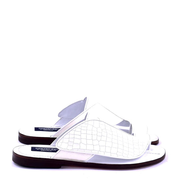 Corrente C0052 5830 Men's Shoes White Croco Print Ostrich Leather Sole Sandal (CRT1327)-AmbrogioShoes