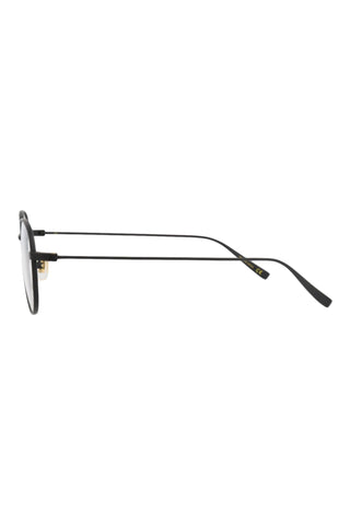 Dunhill semimatte black titanium round eyeglasses with slim temples, side view.