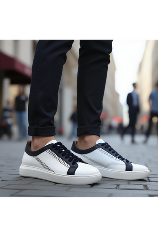 Donatello Deron White & Blue Calf-Skin Leather Casual Sneakers (DON1001)-AmbrogioShoes