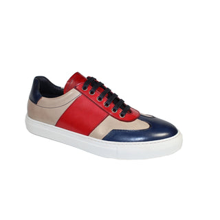 Duca Fermo Blue/Red/Beige Calf-Skin Leather Sneakers (D1021)