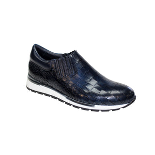 Duca Formia Navy Calf-Skin Croc Print Leather Sneakers (D1025)