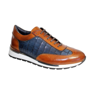 Duca Varsi Cognac/Navy Calf-Skin Leather/Croco Print Sneakers (D1097)