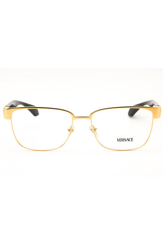 Versace 0VE1306 rectangular men's eyeglasses featuring a gold metal frame and black temple tips.