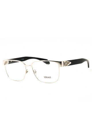 Versace 0VE1306 rectangular men's eyeglasses with silver metal frames and black temples featuring the Medusa logo.