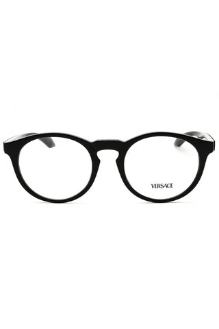 Versace 0VE3355U unisex round black plastic eyeglasses with a sleek, minimalist frame design.