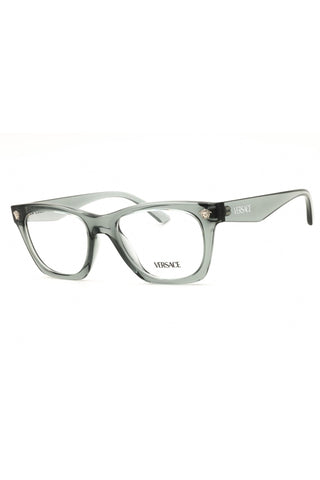 Versace 0VE3363U men's rectangular eyeglasses in translucent grey acetate with signature Medusa head temple accents.