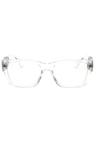 Versace 0VE3368U men's rectangular eyeglasses featuring a clear, transparent acetate frame for a modern, refined look.