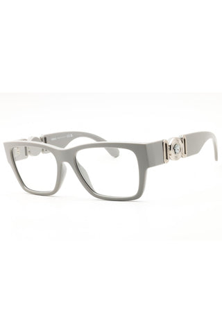Versace 0VE3368U rectangular grey acetate eyeglasses featuring silver Medusa head temple accents.