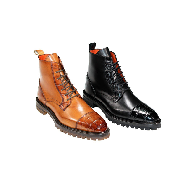 Fennix Bastian Men's Shoes Black Alligator/Calf Leather Exotic Boots (FX1132)-AmbrogioShoes