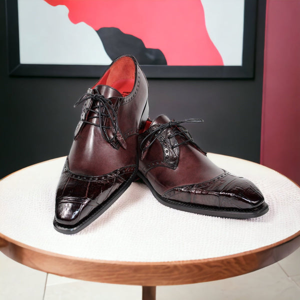 Fennix Jax Men's Shoes Burgundy Alligator/Calf Leather Exotic Oxfords (FX1091)-AmbrogioShoes