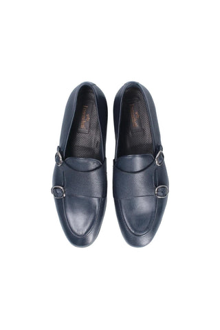 Franceschetti Ravenna Blue Tumbled Calf-Skin Leather Double Buckle Belgian Loafers (FCCT1002)-AmbrogioShoes