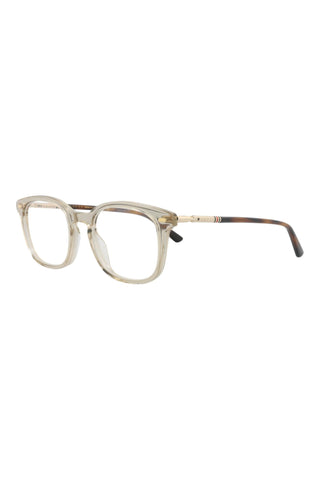 Gucci GG0390O square eyeglasses in transparent light grey acetate with gold accents and signature striped temples.