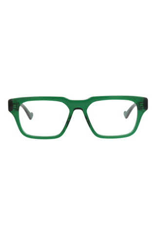 Gucci men's square eyeglasses in shiny transparent green acetate with a sleek, modern Italian-crafted frame design.