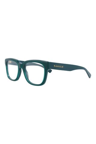 Gucci GG1176 glossy petrol green square acetate eyeglasses with gold logo detail on the temple.