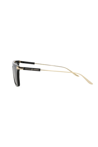 Gucci GG1437S men's square sunglasses in shiny black recycled acetate with gold-tone metal temples and logo detailing.